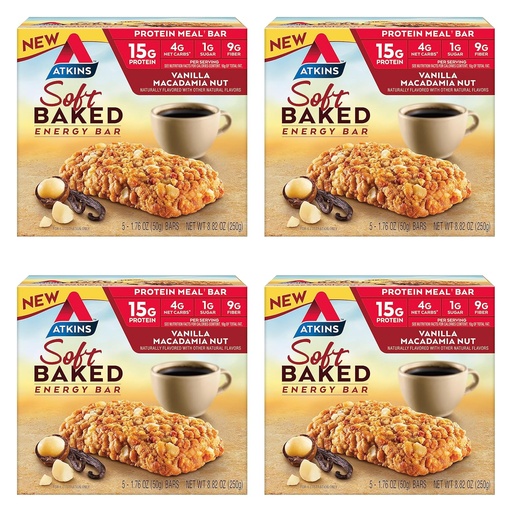 [BRSRMC32BV7RO2T2] Atkins Vanilla Macadamia Nut Flavored Soft Baked Energy Bars, High in Protein, Low Sugar, High Fiber Snack, Protein Snack, 4 Packs (4 Bars Each)