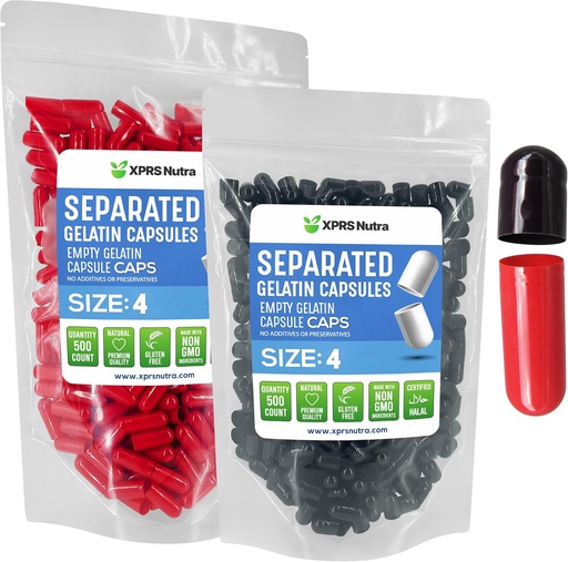 [BRSRMFIECIIBOGYZ] XPRS Nutra Gelatin Size 4 Separated Capsules - 500 Count Small Empty Capsules Separated in Bags - DIY Fillable Pill Caps - Size 4 Gel Do-It-Yourself Vitamin and Supplement Filling (Black/Red)