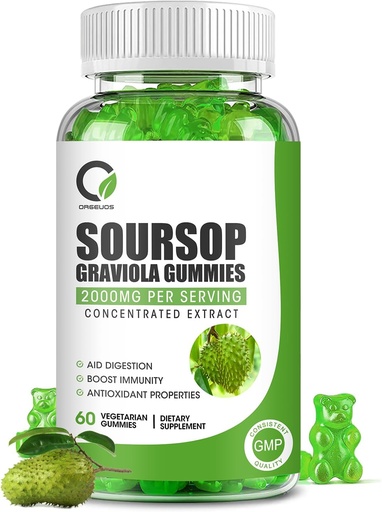 [BRSROGA7OYHGYA3F] Soursop Graviola Gummies, Organic Soursop Leaves and Seeds Extract with Vitamin C, Zinc, Digestive Aid, Immune Support and Antioxidant Properties,Gluten Free, Vegan, 60 Gummies