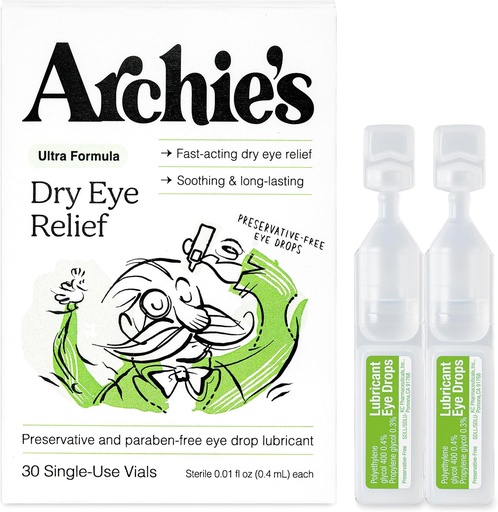 [BRSROHD6BMFQM3DJ] Archie's Remedies, Dry Eye Relief, Ultra Lubricating Eye Drops, Clean Formula and Preservative-Free Vials, Single-Use, for Irritation and Red Eyes, Natural Tears, 30 Count