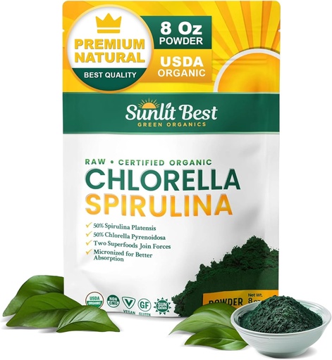 [BRSROAIOPJ4A4F3P] Sunlit Best USDA Organic Chlorella Spirulina Powder - 100% Raw & Vegan Source of Protein & Chlorophyll | Non GMO & Gluten Free Superfood Energy Drink | Gut Health & Immune Support Supplement, 8 oz