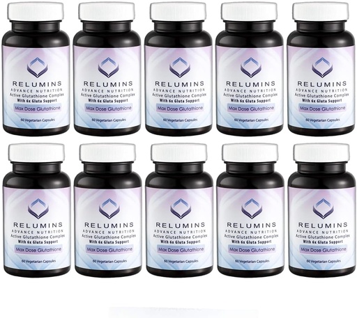 [BRSWIAD7C4HBO33I] Reluminai Advanced White Active Glutatione Complex - Max dozė 900mg Glutatione su 6X Boosters, ALA & NAC - Anti- Aging odos apdaila papildas - 60 kapsulių x 10 butelių