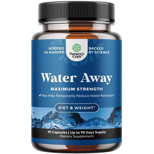 [BRSWGGATAENQ23DU] Water Away Herbal Diuretic Pills High Strength - Fluid Retention Supplement with Dandelion Leaf Extract & Green Tea for Bloating Relief for Women & Men - Capsules for Leg & Feet Swelling - 90 Count