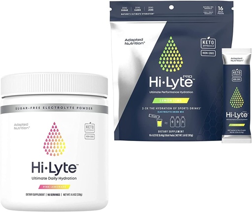 [BRSROZQEOUIGMFLX] Hi-Lyte Electrolyte Powder, Daily Hydration Supplement Drink Mix, 90 Servings (Pink Lemonade) | Plus Hi-Lyte Pro Hydration Packets, 16 Individual Drink Packets (Lemon Lime)