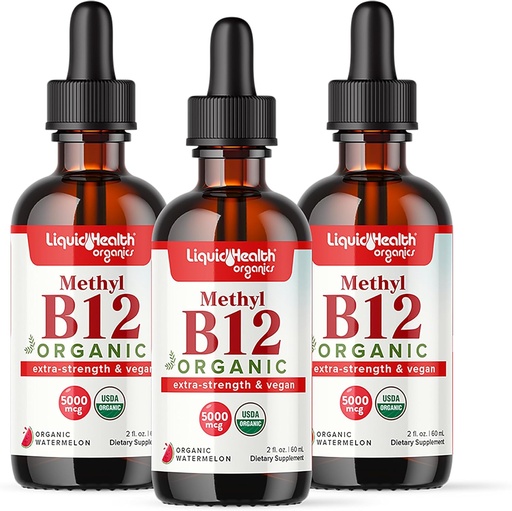 [BRSROCQOCN5BAF3Z] LIQUIDHEALTH USDA אורגני Methyl ויטמין B12 Methylcylobalamin נוזל טיפות עם Tart Cherry Juice - Boost Energy, Immune Support, שיפור זיכרון וריכוז - ארה"ב יצרה, טבעוני, non-GMO (3 Pack)