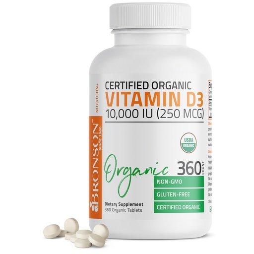 [BRSWECQZOAFWK2TG] Bronson Vitamin D3 10,000 IU (250 mcg) Certified Organic High Potency Non-GMO Vitamin D Supplement, 360 Tablets