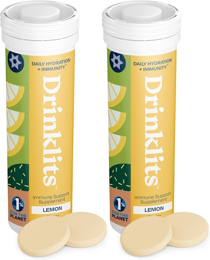 [BRSROBIFOYPWEYLJ] Drinklits Lemon Imune Support Tablets (2) Tube Bundle - Imunidade diária - 0g Açúcar - Vitaminas - Eletrólitos - Mistura de ervas - 20 Servimentos - 10 Comprimidos por tubo