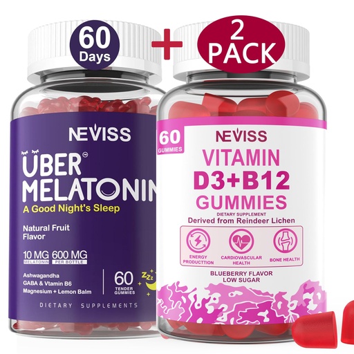 [BRSRA2YLB4CQO3TD] NEVISS Melatonin + Vitamin D3 & B12 Gummies, Vegan, 2+2=4 Pack