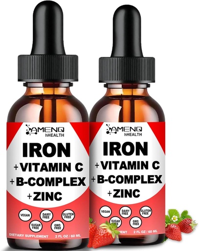 [BRSRA2YRCAORQ2TU] 2 Pack Liquid Iron Supplement w/ Vitamin C, A, B-Complex, Vegan Iron Drops High Potency Liquid Vitamin & Iron Supplements for Women, Men & Children -Support Red Blood Cell, Energy, Anemia & Fatigue