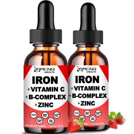 [BRSRA2YRCAORQ2TU] 2 Pack Liquid Iron Supplement w/Vitamin C, A, B-Complex, Vegan Iron Drops High Potency Liquid Vitamin & Iron Supplements for Women, Men & Children -Support Red Blood Cell, Energy, Anemia & Fatigue