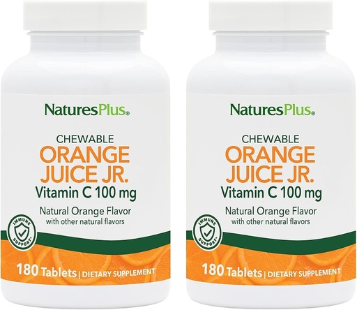 [BRSROFIKOAARECDK] NaturesPlus Orange Juice Jr. - Pack of 2, 180 Chewable Tablets - 100 mg Vitamin C - Vegetarian, Gluten Free - 360 Total Servings