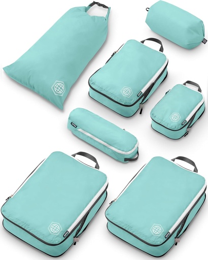 [BRSW2ZAFOV5RGAYU] Large Compression Packing Cubes for Travel-Packing Cube Luggage Organizers 7 Piece Set for Checked Luggage-Ultralight, Expandable/Compression Bags by TRIPPED Travel Gear (DustyTeal/White)