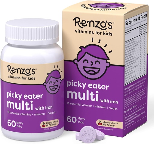 [BRSWECQRCIDQ2ALK] Renzo's Picky Eater Kids Multivitamin with Iron, Dissolving Kids Vitamins with Vitamin D3 & K2 and More, 60 Sugar-Free Melty Tabs, Cherry Mo’ Cherry Flavored