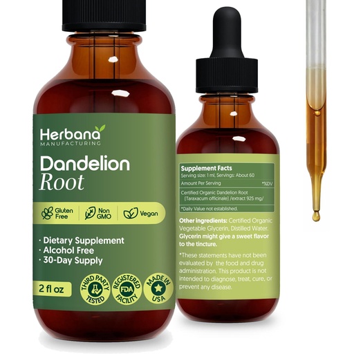 [BRSRAGACO5YGEF3B] HERBANA MANUFACTURING Dandelion Root Liquid Extract 4 fl oz - Organic Taraxacum officinale Herbal Supplement - Alcohol-Free Drops for Daily Wellness Support - Family Size - 60-Day Supply