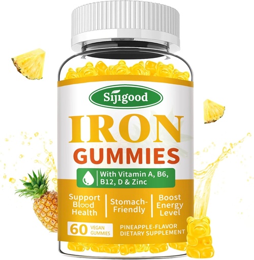 [BRSRAAQPOVYGA2DG] Kadınlar ve Erkekler için Demir Gummies - Anemi & Iron Deficiency, B12 Vitamin C, çinko, Folate - Energy Boost, Sugar-Free, Pineapple Flavor, 60 Count