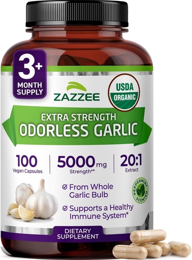 [BRSRA2QOCMIRQHQ4] Zazzee USDA Organic Odorless Garlic 20:1 Extract, 5000 mg Styrka, 100 Vegan Capsules, 3 + Månadsförsörjning, Standardiserad, Koncentrerad 20X Extract, 100% Vegetarisk, All-Natural, Non-GMO, Made in the USA