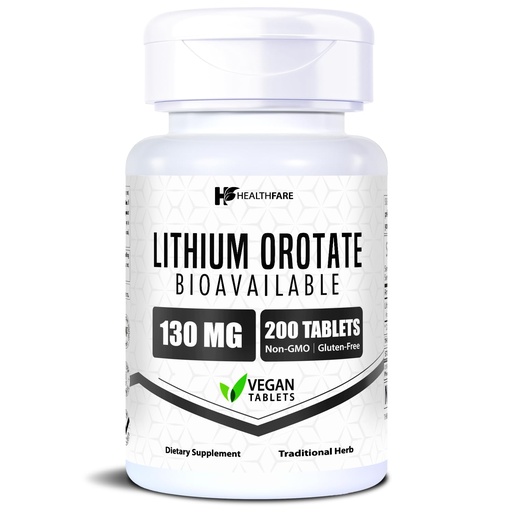 [BRSRAYL7O4BBE3A6] HealthFare Lithium Orotate Supplement 130mg | 200 Vegetarian Tablets | High Bioavailability Trace Mineral | Mood, Brain & Memory Support | Non-GMO, Gluten-Free | Made in USA