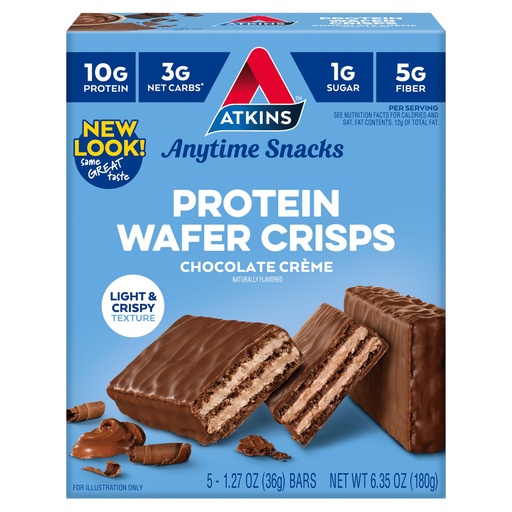 [BRSW2ZT7CF6G22TO] Atkins Chocolate Crème Protein Wafer Crisps, Protein Dessert, 4g Net Carb, 1g Sugar, High in Fiber, Keto Friendly, 5 Count