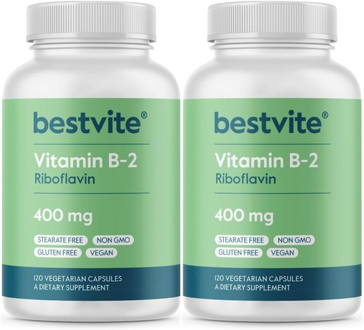 [BRSWGCYEOIPWADQ2] BESTVITE Vitamin B-2 (Riboflavin) 400mg (240 Vegetarian Capsules) (120 x 2) - No Stearates - Vegan - Non GMO - Gluten Free