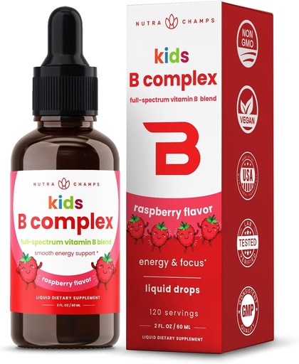 [BRSRMGQTCMMQ2235] NutraChamps Vitamin B Complex for Kids, B1, B2, B3, B6, B7, B9 & Methyl B12, Kids B Complex Liquid Drops Supplement, Energy, Focus, Metabolism, Natural Berry, 120 Servings, 4 Month Supply