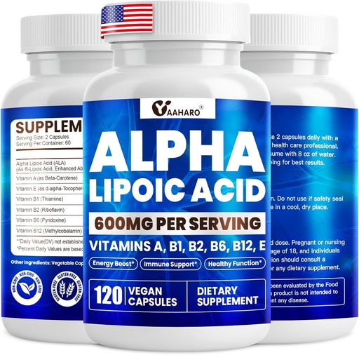 [BRSREHQRDIFBMDT4] Alpha Lipoic Acid 600mg, ALA Supplement for Energy Boost, Immune Support, Healthy Function, and Enhanced Absorption, R-Alpha Lipoic Acid with Essential Vitamins, 120 Capsules