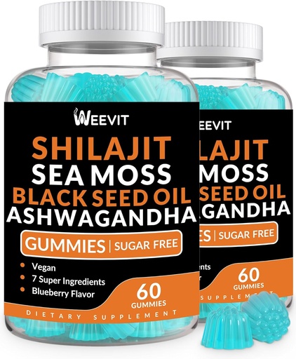 [BRSRAFIRBENQIG3Z] Shilajit Sea Moss Ashwagandha Gummies with Turmeric, Black Seed Oil, Vitamin C D for Men & Women, Shilajit and Ashwagandha Gummy, All in 1 Supplements for Immune, Absorption & Energy Support