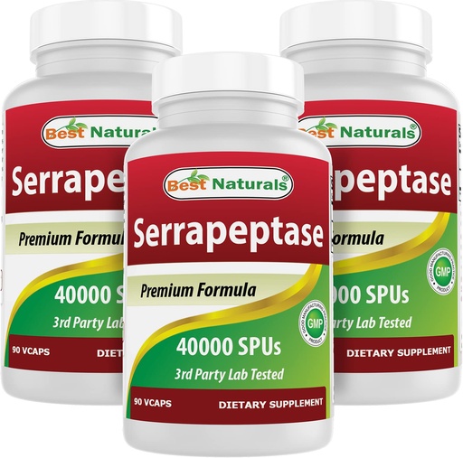 [BRSW2AYFA4JQYDY6] Best Naturals Serrapeptase 40000 SPUs 90 Vcaps (90 Count (Pack of 3))