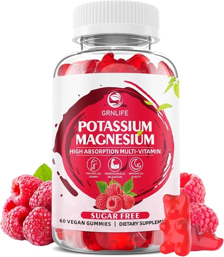 [BRSRAGQCA4IGYYDX] Potassium Magnesium Supplement Gummies, Potassium Gummies for Adults Kids, High Absorption Magnesium Glycinate for Leg Cramps & Immune Health, Sugar-Free, Raspberry Flavors, 60 Count