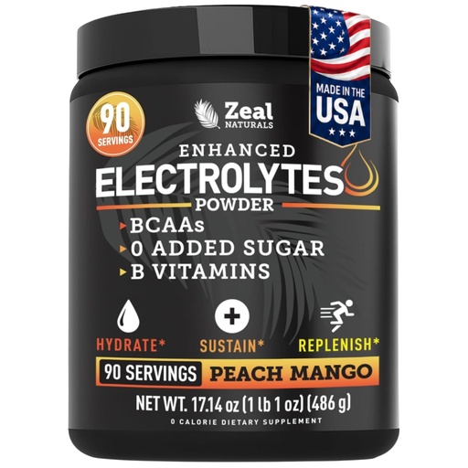 [BRSWY2T6C4FAEG3U] Zeal Electrolyte Powder - 90 Servings | Keto Electrolytes Powder | Zero Sugar, BCAAs, B-Vitamins | Potassium, Zinc, Magnesium | Hydration Powder Recovery Drink | Peach Mango