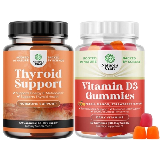 [BRSRAZY3BUJQ2CL3] Bundle of Herbal Thyroid Support - Potent Kelp Iodine with L Tyrosine, Bladderwrack, Selenium & Pure Ashwagandha and Vitamin D3 Gummies - Delicious D Adults with 2000IU per Serving for Bone Muscle