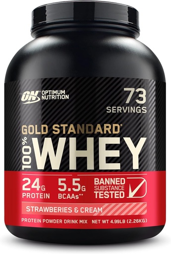 [BRSWGAQLDMFRGDL5] Optimum Nutrition Gold Standard 100% Whey Protein Powder, Strawberries & Cream, 5 libras (Packaging May Vary)