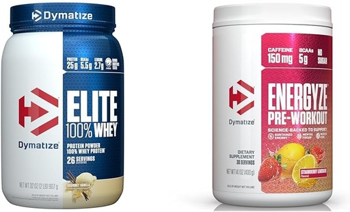 [BRSRABT3OUNBUDIV] Dymatize Whey Proteina si Pre Workout Combo, Elite 100% Whey Proteine pulbere Gourmet Vanilla 26 Serveste, Energyze Pre Workout pulbere pentru bărbați și femei aromă de căpșuni Lemonade 30 Serviri