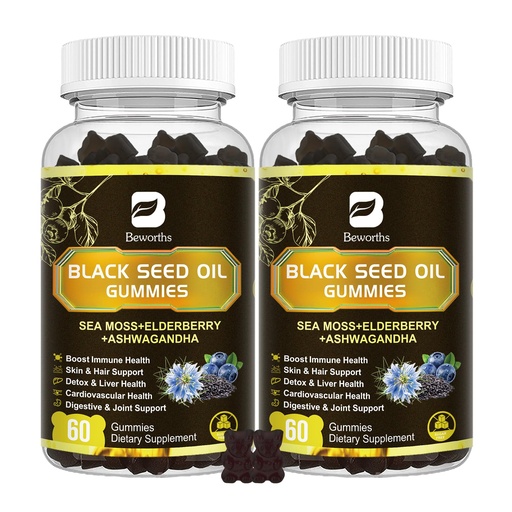 [BRSROHQOBACRSD3V] Black Seed Oil & Sea Moss Gummies, 2Pack Irish Sea Moss Gummies with Black Seed Oil, Ashwagandha Extract, Elderberry, Turmeric, Vitamin C, Vitamin D3 - Immune Support, Joints, Digestion, Hair & Skin