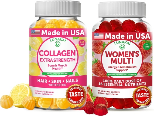 [BRSRMGQTBFYBEA3H] Colágeno Lunakai y Gummies Multivitamínicos de Mujeres Bundle - Suplementos antiañero no transgénicos con biotina, zinc, vitamina C y E - 100% Valor diario de 16 vitaminas y minerales esenciales - 30 días de suministro