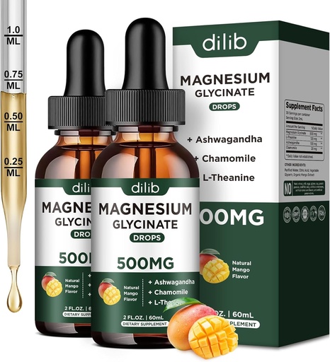 [BRSRA234BF6BYCLJ] Magenium Glycinate Drops chất lỏng, với Magnesium Glycinate 500mg Ashwaganda, L - Theanine, Chamomile - căng thẳng phụ trách căng thẳng, xương, cơ bắp, Moogo Flavor 2Pack