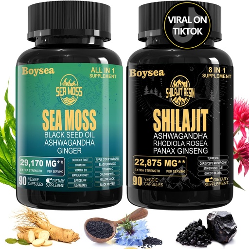 [BRSROCYTB4PBOF3F] Geloo Superfood Supplement Bundle - 90 Conde Sea Moss Capsules (Sea Moss, Black Seed Oil) & 90 Conde Pure Shilajit Capsules (Shilajit, Ashwagandha) -1 Pack