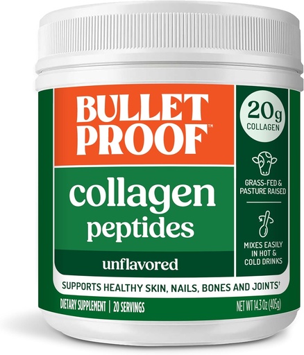 [BRSWYGI5O4JR62Q3] Bulletproof Unflavored Collagen Peptides Powder with MCT Oil, 14.3 Ounces, Grass-Fed Collagen Protein for Skin, Bone and Joint Support, Pasture Raised, No Added Hormones