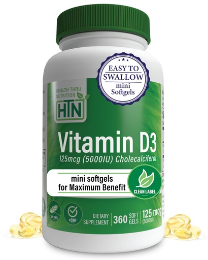 [BRSWIBQRA4DRWFTI] Health Thru Nutrition Vitamin D3 5000iu 360 Mini Softgels for Maximum Benefit Year Supply | 125mcg Cholecalciferol | 3rd Party Tested | Non-GMO USP Grade in Organic EVOO | Immune Health Support