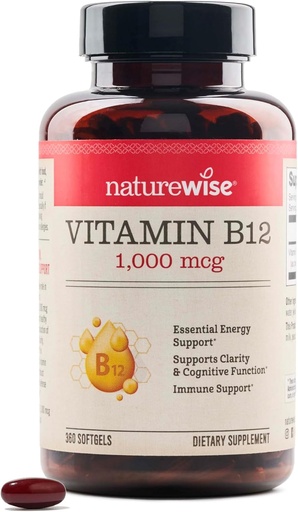[BRSWGYD3AB6GAD3V] NatureWise bitamina B12 1000 mcg - Energiaren metabolismoa, argitasun mentala, nerbio-sistemaren osasuna - Soy & Gluten-Free, Ez-GMO - 360 Count [Urteko hornidura]