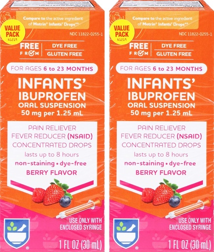 [BRSWGBQNCIPBACL4] Rite Aid Infants' Dye-Free Ibuprofen Drops, Berry Flavor, 50 mg - 2 Value Pack | Infant Pain Reliever | for Babies Ages 6 to 23 Months | Oral Suspension 50 mg per 1.25 mL | Gluten Free