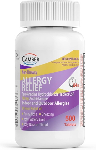 [BRSWGA34CUHBG3Y2] Camber 24 Hrs Non-Drowsy Fexofenadine Antihistamine Indoor Alerxia ao aire libre Tablets 500 Count Familia Tamaño