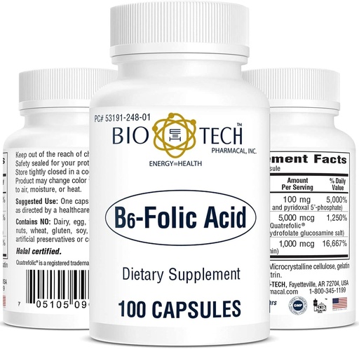 [BRSWIZ3RAJYGC2LE] Bio- Tech Pharmabal B6- Folic Acid, 100 Kapsules - All-Natural Supports Cardiovascular, Bone, & Nervous System Health - No Dairy, Fish, Gluten, Peanut, Shellfish, Halal, & Soy - Tidak