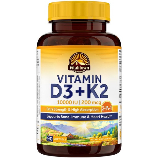 [BRSRAFALC4MWAFD7] Vitalitown Vitamin D3 K2 Supplement, Vitamin D3 10000 IU Vitamin K2 (MK7) 200 mcg, 90 Softgels, Non-GMO, No Gluten & Soy, for Bone, Teeth, Immune & Heart Health