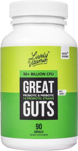 [BRSRAFQCAAOQE2TH] LIVELY VITAMIN CO. Great Guts Probiotic 50 Billion CFU Probiotic - Balance Gut Microbiome, GI Tract, Inflammation, Indigestion, Reflux, Upset Stomach, & Diarrhea - 90 Caps