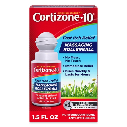 [BRSRMGAECUHRGA3L] Cortizone-10 Maximum Strength Itch Relief Massaging Rollerball, 1% Hydrocortisone, Fast-Acting, Anti-Itch Liquid for Bug Bites, Rash, Eczema, Psoriasis, Poison Ivy, Oak, Sumac, 1.5 fl. oz