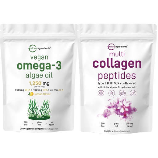 [BRSRAAT2BMPWYDIY] Micro Ingredients Multi Collagen Protein Powder 16oz & Vegan Omega 3 Algae Oil Supplement Bundle 2 Pack | Grass-Fed Collagen Peptides | Omega-3 Full Spectrum Alternative to Fish Oil