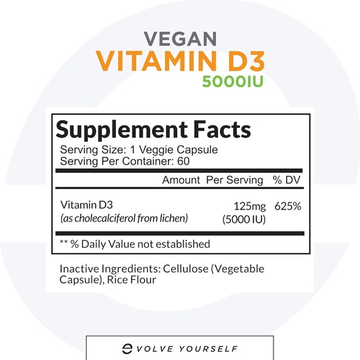 [BRSWYAY6OF7BM23B] Vegan Vitamin D3 5000 IU Supplement - Pure, High Potency D3 Vitamin 5000 IU Supplements for Immune Health & Strong Bones Support - 120 Capsules, Providing a 2-Month Supply of VIT D3