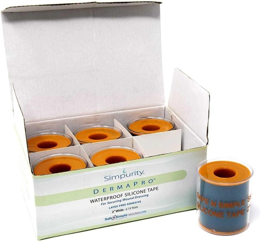 [BRSWGEAEDEHA2C3P] Simpurity DermaPro Silicone Tape Waterproof -2"x15' Individual Pack of 6- Latex Free Tape Medical for Securing Wound Dressing - Silicone Wound Healing Tape for Sensitive Skin Waterproof