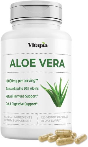 [BRSWGAY6OYCBUET3] Organic Aloe Vera Capsules 20% Aloins Supplement - Pure Inner Leaf Gel Koncentrat - fordøjelig, Gut Sundhed, hud, immunforsvar - 120 Tæl - Non-GMO, Gluten- fri, Vegan