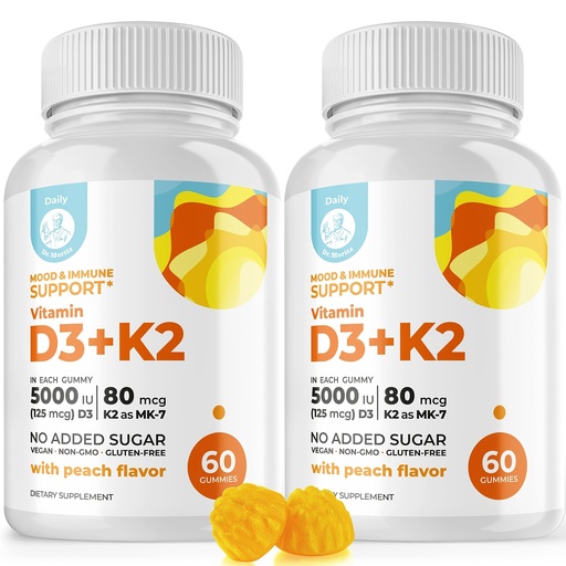 [BRSRMBIQOQFAI3DG] DR. MORITZ Vitamin D3 Gummies (5000 IU) with K2 - for Adults and Kids - Vitamin D3 K2 Gummies for Immune Support & Bone Health - Vegan, Sugar Free, Gluten Free (120 Count)